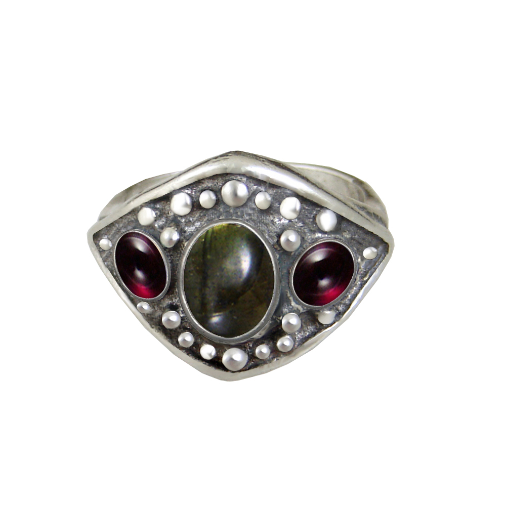 Sterling Silver Medieval Lady's Ring with Spectrolite And Garnet Size 9